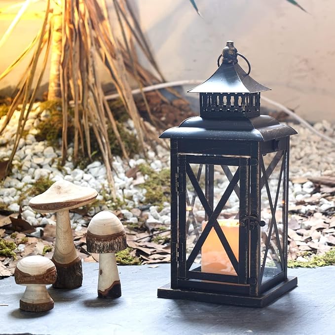 DECORKEY Lantern Decorative Indoor & Outdoor, Large Hanging Candle Lanterns Home Decor, Vintage Metal Candle Holders for Front Porch Patio Wedding Party, Halloween Christmas Decorations (Black)