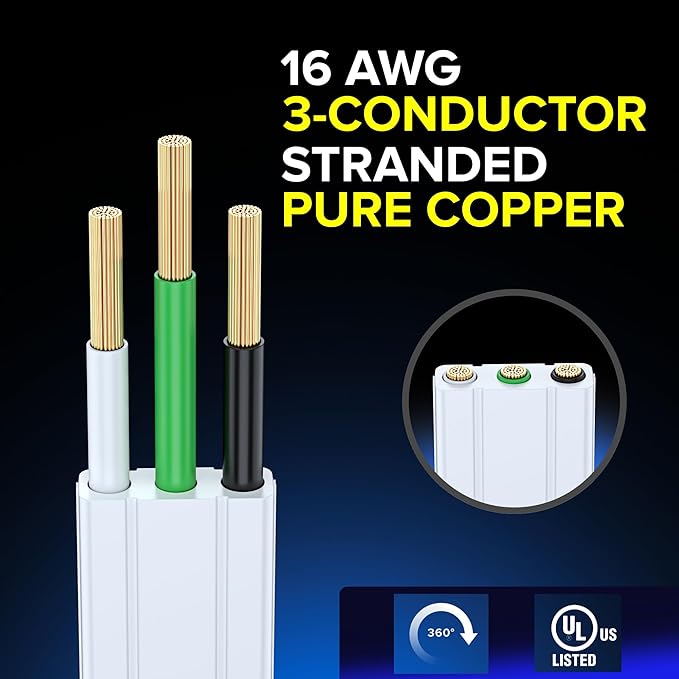 Maximm Cable 6 Ft 360° Rotating Flat Plug Extension Cord/Wire, 16 AWG Multi 3 Outlet Extension Wire, 3 Prong Grounded Wire - White - 2 Pack - UL Certified