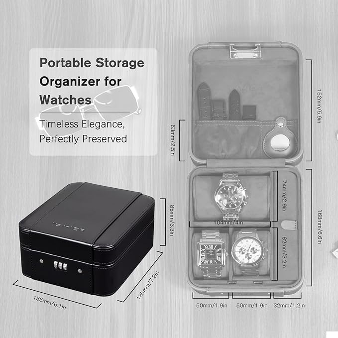 KAMIER Watch Case with Combination Lock - 4 Watch Storage and Jewelry Organizer - Watch Travel Case for Ring and Watch Storage, PU Leather Travel Watch Case, Ideal for Gift (With Gift Box),Black