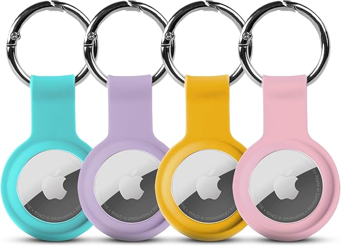 Apple AirTag Holders 4 Pack, Dustproof & Washable Cases, Silicon Covers with Accessories for Wallets, Luggage, Pet Collars, Key Finders (Teal - Purple - Yellow - Pink)