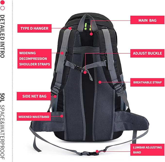 Bseash 50L Hiking Backpack, Water Resistant Lightweight Outdoor Sport Daypack Travel Bag for Camping Climbing Skiing Cycling (Black - No Shoe Compartment)