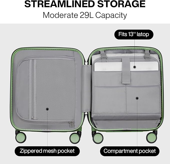 mixi Underseat Carry on Luggage 16 Inch Hardshell PC Suitcase with Spinner Wheels TSA Lock for Travel, Avocado Green