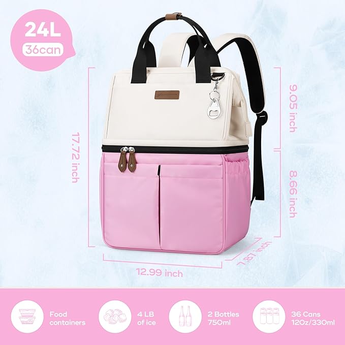 Maelstrom Cooler Backpack, 36 Cans Insulated Backpack Cooler, Soft Leakproof Double Deck Cooler Bag, Lightweight Lunch Backpack for Men & Women,Perfect for Beach Travel, Camping & Work-Beige Pink