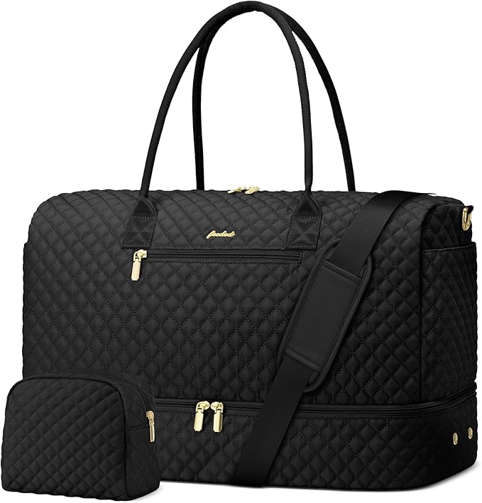 Travel Weekender Bags for Women - Duffle Bag Women with Shoe Compartment Carry On Overnight Bag with Toiletry Bag Duffel Bags with Wet Pocket for Gym Hospital Bags for Labor and Delivery Black