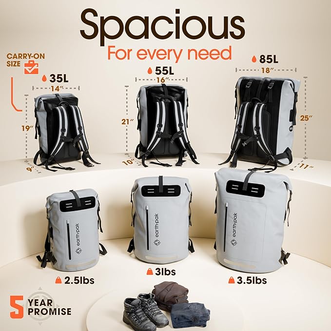 Earth Pak Waterproof Backpack - Heavy Duty Hiking Backpack - Roll-Top Closure Bag - Cushioned Dry Bag Waterproof Phone Case