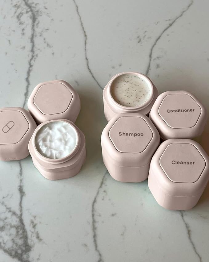 Cadence Travel Containers - Daily Routine Capsule Set - Magnetic Containers with Lids,4 Flex Mediums (1.32oz) & 3 Flex Smalls (0.56oz) - Shampoo, Conditioner, Body Wash, Pills, & More - Petal