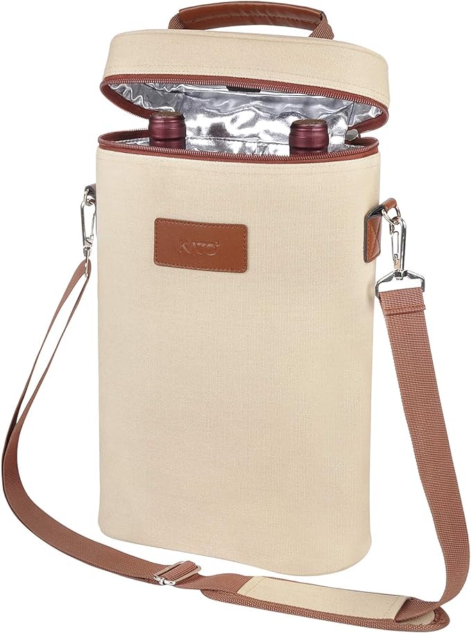 Tirrinia 2 Bottle Wine Gift Tote Carrier - Leakproof & Insulated Padded Versatile Wine Cooler Bag for Travel, BYOB Restaurant, Wine Tasting, Party, Dinner,Gift for Wine Lovers, Beige
