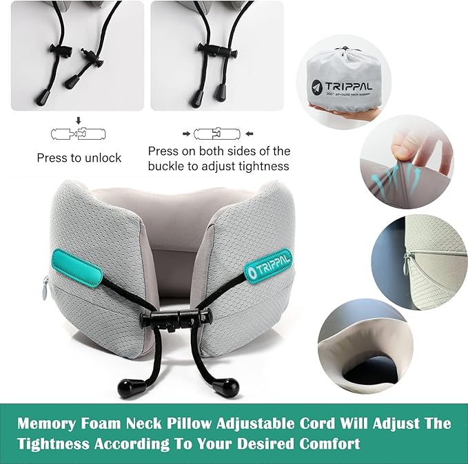 Travel Pillow for Airplane Neck Chin Support Memory Foam Machine Washable Adults Unisex Neck Pillows for Travel Airplane Sleeping Car Office Grey Small