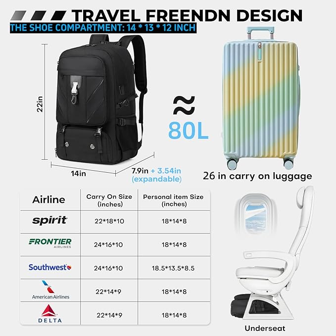 18.4 Inch Large Travel Backpack with Shoe Compartment,80L Water Resistant Anti Theft Backpacks with USB Charging Port,Carry on Flight Approved Laptop Bag Multiple Backpack (Fits above 5.91 ft height)
