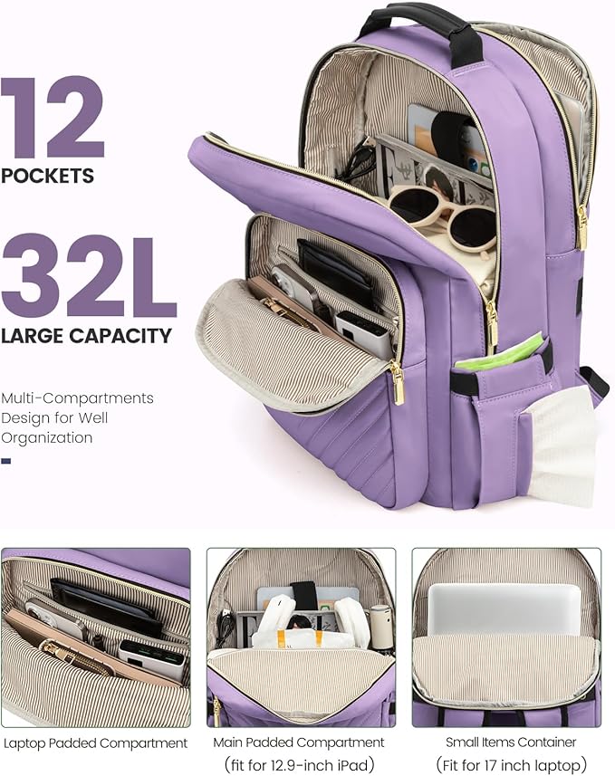 LOVEVOOK Laptop Backpack for Women, Travel Computer Work Bags with 17-inch Laptop Compartment, College School Student Bag Teen Backpacks For Girls, Outdoor Carry On Backpack Purse, Purple