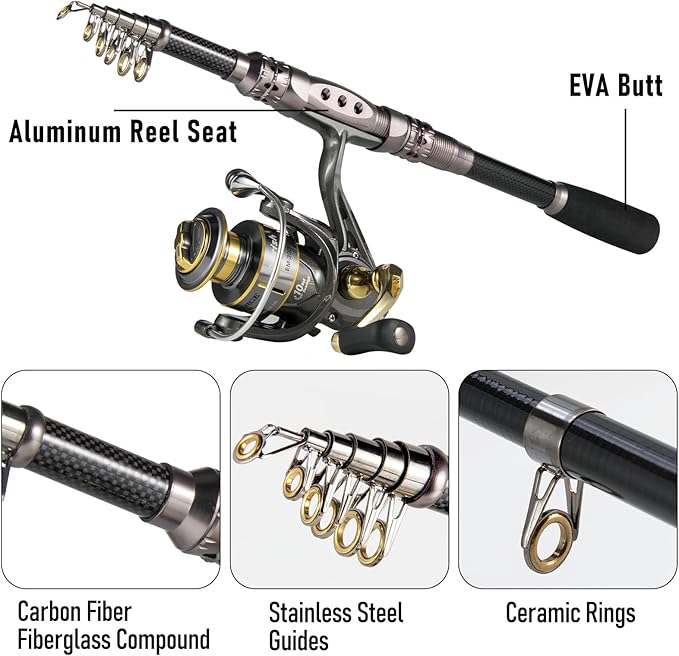 Dr.Fish Fishing Rod and Reel Combos 125-Pieces Telescopic Spinning Pole Reel Gear Equipment Set with Tackle Bag for Adult Collapsible Travel Complete Fishing Set Men Starter Freshwater Saltwater