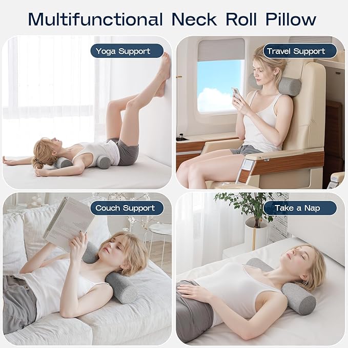 Neck Roll Pillow, Memory Foam Neck Support Pillows, Round Neck Pillows, Cylinder Bolster Pillows for Bed, Couch, and Yoga, Removable Washable Cover,18 * 4 * 4 inch (Grey)