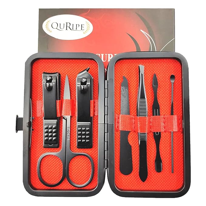 7pcs Manicure set, Nail Clippers Kit, Stainless Steel Manicure Kit, Nail Clipping Tools Portable Travel Grooming Kit, The Best Gift with Luxurious Case (Black-7)