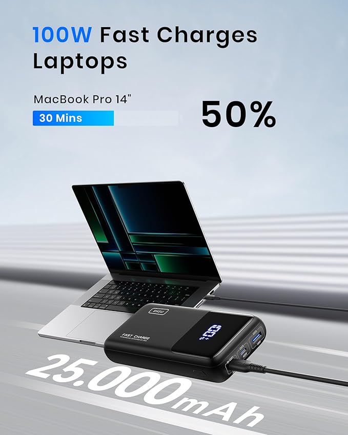 INIU Power Bank, 25000mAh 100W USB C Laptop Portable Charger, PD QC Fast Charging 3-Output Battery Pack, Travel Charger for Laptop MacBook iPad Tablet Steam Deck iPhone 16 15 14 Pro Samsung S22 etc