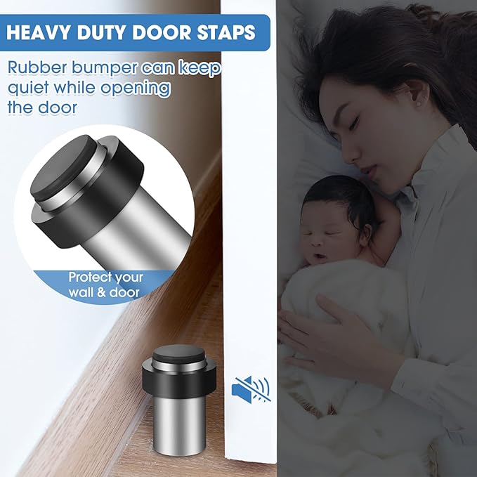 Chumia 10 Pcs Door Stopper Mounted Floor Stops Stainless Steel Cylindrical Stopper Modern Decorative Rubber Bumper Stops Holder Wall Protector for Bottom or Top of Door (Silver)