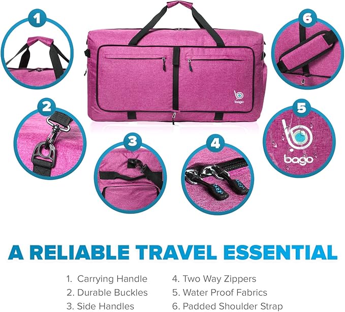 Bago Large Foldable Duffel Bags for Traveling Women & Men - 100L Packable Duffle Bag for Travel with Shoe Compartment - Water Repellant, Heavy Duty, Lightweight Folding & Collapsible (SnowPink)