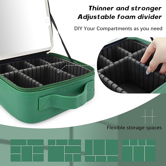 Makeup Bag with Led Mirror,Travel Makeup Organizer with 3 Color Setting, Portable Storage and Adjustable Dividers Travel Makeup Bag(Dark green)