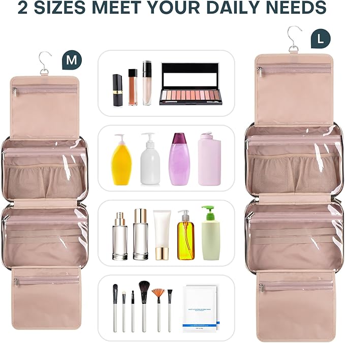 Hanging Toiletry Bag for Women Travel, 2 Sizes Large & Small Waterproof Cosmetic Organizer with 4 Compartments, Rotating Hook, Foldable Pink Travel Bag for Toiletries & Makeup Medium Lake Blue