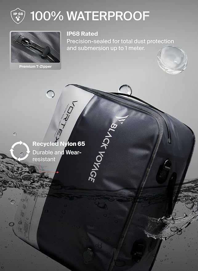 Black Voyage Reusable Vacuum Compression Travel Bag for Carry-On Suitcase and Backpack, Recycled IP67 Waterproof Space Saver Vacpack (2-Pack, 18L - Pump Included)