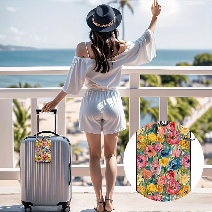Luggage Tags for Suitcases, 2-Pack PU Leather for Cruise & Travel, Baggage ID Tags with Privacy Cover & Address Card, Durable Metal Ring, Kids Adults Travel Accessories, Impressionist Blooms
