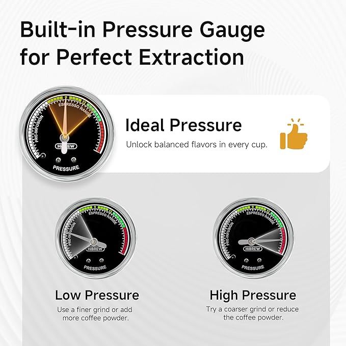 HIBREW H10B - 51mm Espresso Machine - Temperature & Cup Volume Adjustable at will - With Intelligent Display Screen & Pressure Gauge - Stainless Steel Body(Metallic Grey)