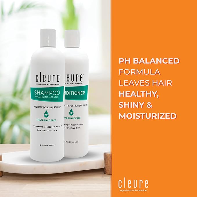 Cleure Shampoo and Conditioner Set Sulfate Free, Fragrance Free for Sensitive Skin - Volumizing Shampoo & Hydrating Conditioner (12 Oz each, Pack of 2)