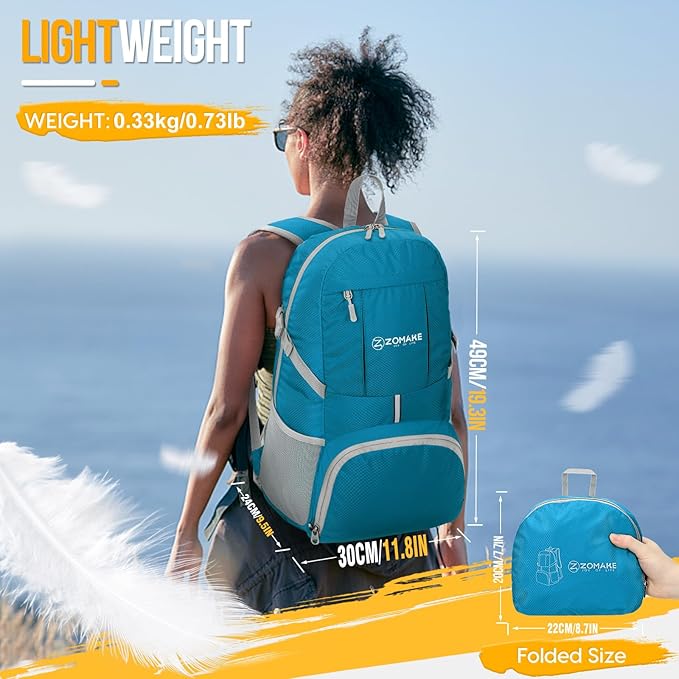 ZOMAKE Lightweight Packable Backpack 35L, Light Foldable Backpacks Water Resistant Collapsible Hiking Bag, Compact Folding Day Pack for Travel Camping(Light Blue)