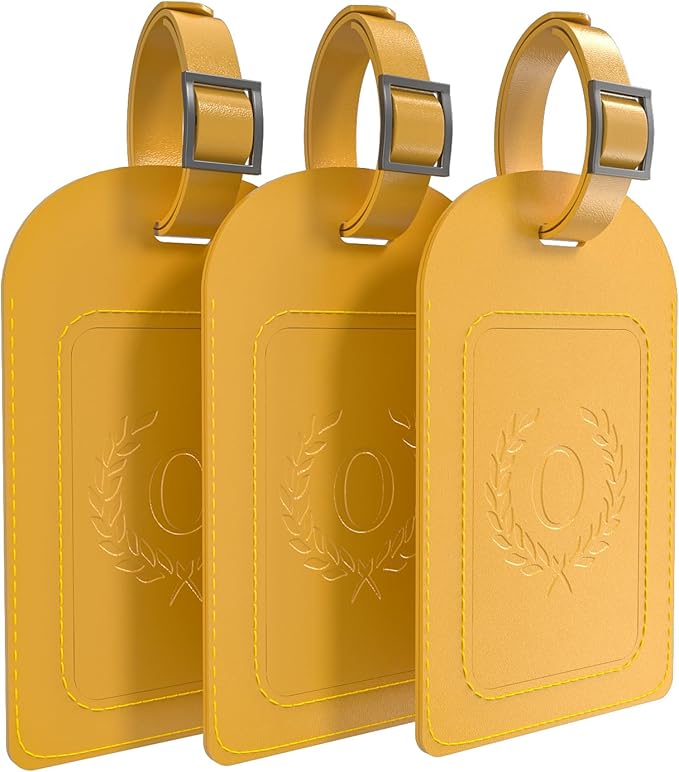 FESAS 3 Pack A-Z Alphabet Luggage Tags - Faux Leather Suitcase Tags with Privacy Cover & Replaceable Card - Initial Letter Monogram for Bags (Yellow)