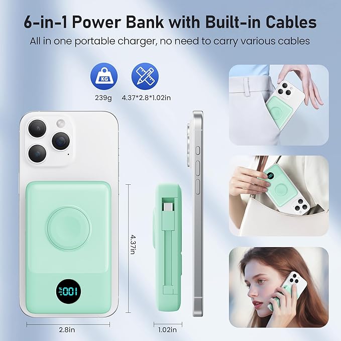 Magnetic Portable Charger for iPhone with Built-in Cables, 6-in-1 10800mAh Power Bank with iWatch Charger & LCD Display,25W Fast Charging Battery Pack for iPhone 16/15/14/13/12,Apple Watch (Green)