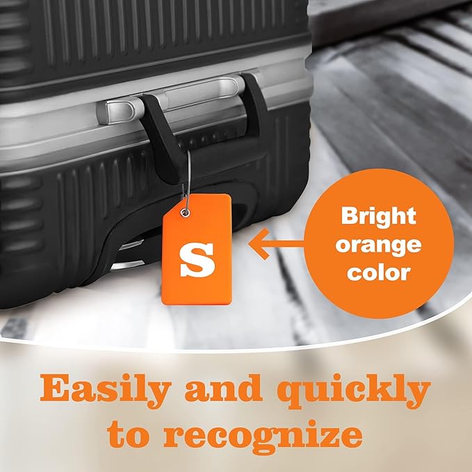 8 Pcs Luggage Tags for Suitcases, 26 Initial Letter Travel Luggage Baggage Identification Labels ID Tags Fully Bendable Tags with Stainless Steel Loop (Letter S, Orange)