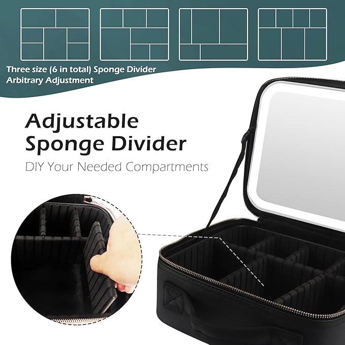 MOMIRA Travel Makeup Bag Cosmetic Bag Makeup Organizer Bag with Lighted Mirror, Adjustable Brightness in 3 Color Scenarios, Waterproof Makeup Train Case, Gift for Women - Black