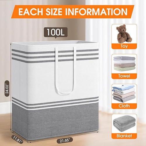2 Pack Large Home Laundry Basket, Laundry Hamper, Freestanding Waterproof Dirty Clothes Bag, Tall Clothes Hamper - Extended & Reinforced Handles for College Dorm, Family (Light Grey/100L)