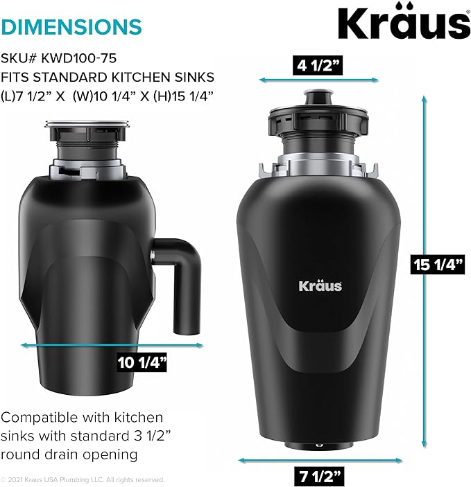 KRAUS Forteza™ 33” Dual Mount 60/40 Double Bowl Granite Kitchen Sink in Black with WasteGuard™ Continuous Feed Garbage Disposal, KGD-50BL-100-75MB