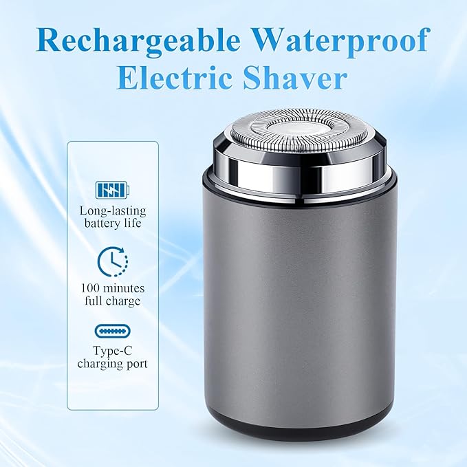 Mini Electric Shaver, Portable Mini Electric Shaver, Pocket Size MiniElectricShaver for Men, USB Rechargeable Waterproof ShaverElectric Beard Trimmer for Home, Car, Office, Business Trip (Gray)