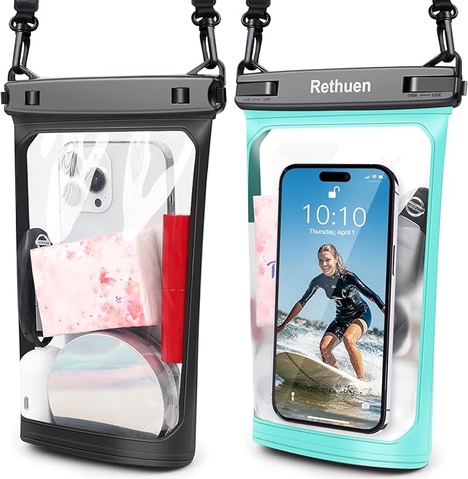 Large Floating Waterproof Phone Pouch, 2Pack Cell Phone Dry Bag for iPhone 16 15 14 13 12 Pro Max Galaxy S24 S23 S22 All Phones, Float Water Proof Bag for Beach Water Park (Black + Lime Green)