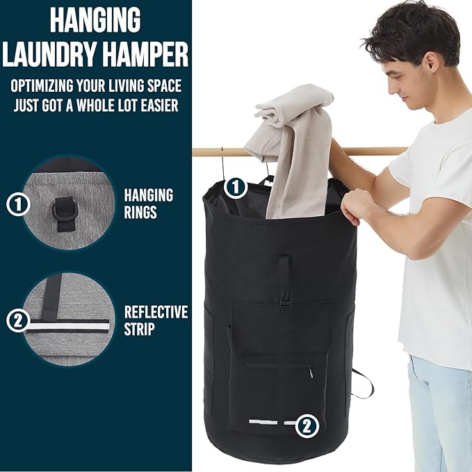Laundry Backpack Bag, 115L Extra Large Laundry Bag with Straps, Heavy Duty Laundry Backpack with 4 Pockets, Sturdy College Backpack Laundry Bags, XL Laundromat Bags for College Dorm Room, Apartment