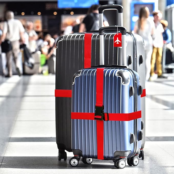 Weewooday 8 Pcs Luggage Straps Suitcase Tags Set for TSA Approved, 4 Travel Adjustable Suitcase Belt, 4 Silicone Luggage Tags with Name ID Card Travel Accessories(Red,Airplane)