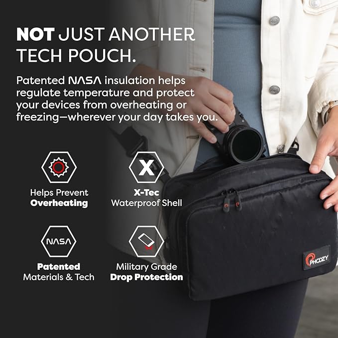 PHOOZY Premium Tech Bag & Cable Organizer Bag for Travel Accessories | Warm Weather Protection for Your Travel Essentials | Drop-Proof & Weatherproof with Skid Pad for Grip & Durability (BLACK)