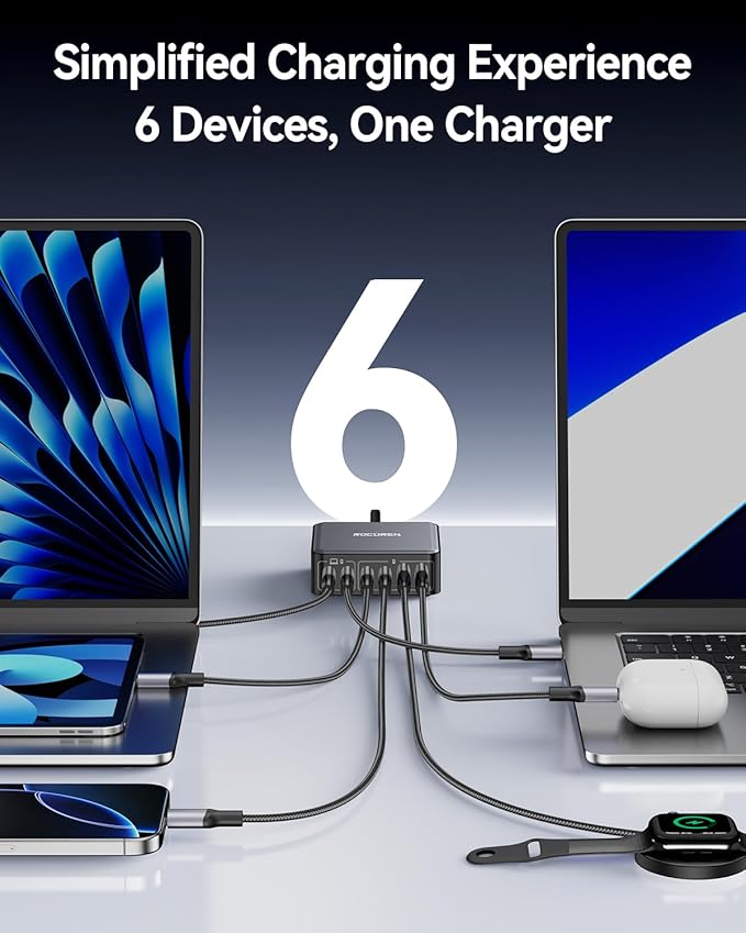 270W USB C Charger Block, Rocoren 6 Port Multi USB-C Charging Station,100W PD Fast USBC Gan Charger Station Hub Dock for Multiple Devices, Laptop Type C for MacBook/iPhone 17/iPad/Galaxy S25