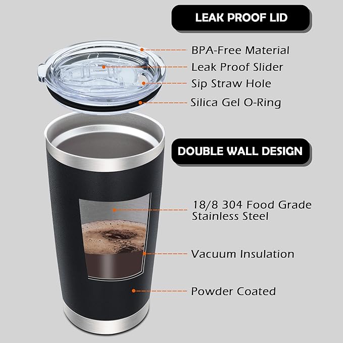 20oz Tumbler Bulk Stainless Steel Tumblers with Lid Vacuum Insulated Double Wall Travel Coffee Mug Powder Coated Tumbler Cup for Hot and Cold Drinks(Black, 12 pack)