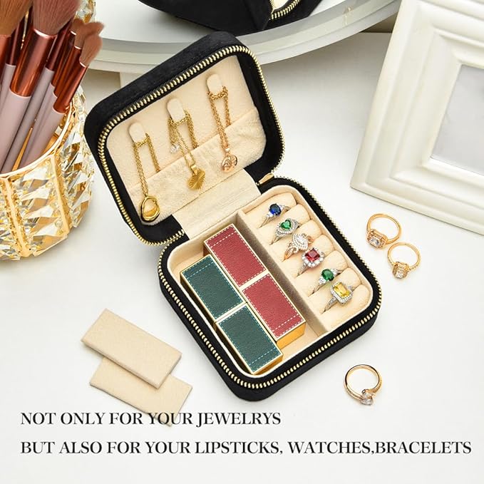 Travel Jewelry Case, Small Plush Velvet Jewelry Box for Women and Girls, Portable Jewelry holder organizer for Rings Earrings Necklaces Bracelets(Black)