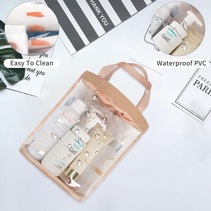 Travel Toiletry Bag, Clear Makeup Bag for Women, TSA Approved Toiletry Bag, Waterproof Clear Bag Cosmetic Pouch, Transparent Makeup Organizer, Carry on Airport Airline Compliant, Brown