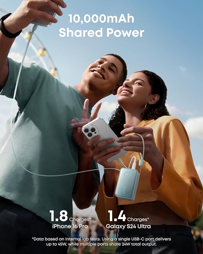 Anker Nano Power Bank, 10,000mAh Portable Charger with 2.3 ft InstaCord Retractable Cable, 45W Max Compact Battery Pack, Smart Display, for iPhone 16/17 Series, iPad, Galaxy, Pixel, and More