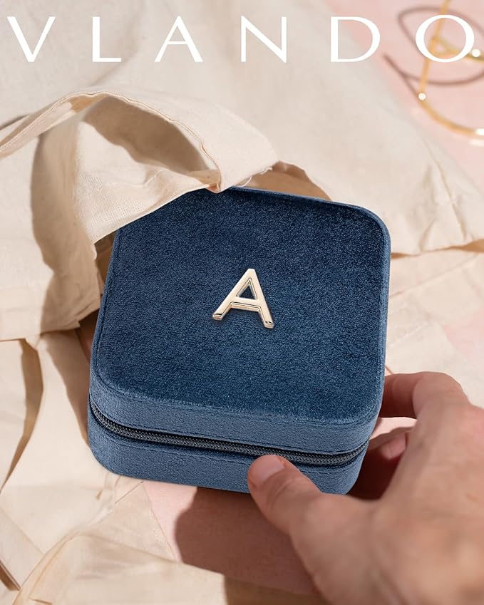 Vlando Wedding Gifts for Women, Jewelry Box, Bridal Shower, Bridesmaid, Bride Gifts, Bridesmaid Proposal Wedding Gifts, Personalized Jewelry Case - Letter D, Dark Blue