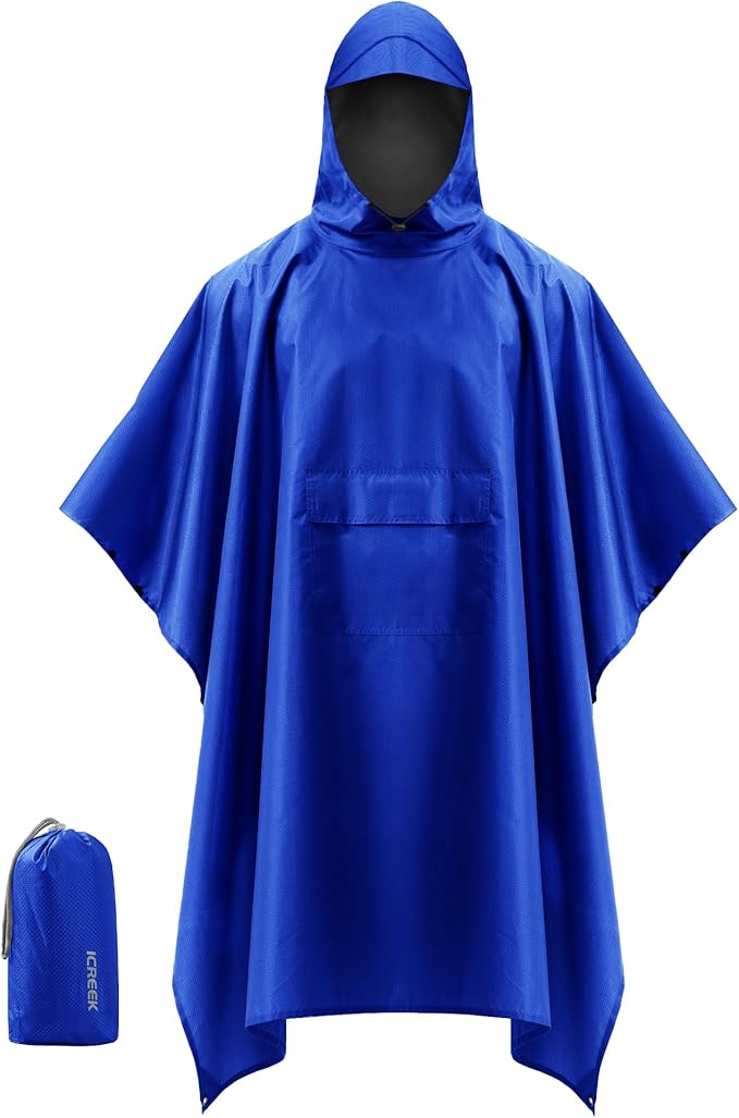iCreek Hooded Rain Poncho with Pocket Waterproof Lightweight Unisex Raincoat Jacket for Hiking, Camping, Outdoor