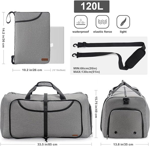120L Duffle Bag for Travel, Large Foldable Waterproof Travel Duffel Bags Weekender Overnight Bag for Men and Women with Shoe Compartment (Gray)