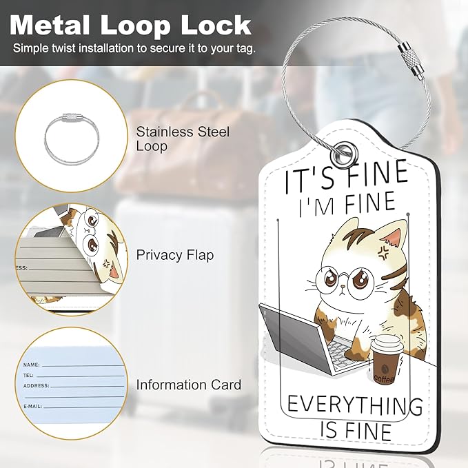 2Pack Luggage Tags for Suitcases, Cute Unique Pu Leather Cruise Luggage Tag with Privacy Cover ID Label Address Card and Metal Ring Suitable for Women Men Kids Girls Travel Bag Tag Angry Cat