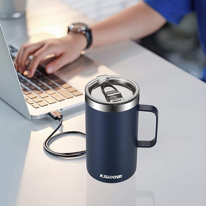 KXIAOCHEN 20oz Insulated Coffee Mug with Lid, Stainless Steel Coffee Cup, Double Wall Vacuum Coffee Tumbler with Handle, Premium Thermal Travel Coffee Mug (Navy blue 2Pack)
