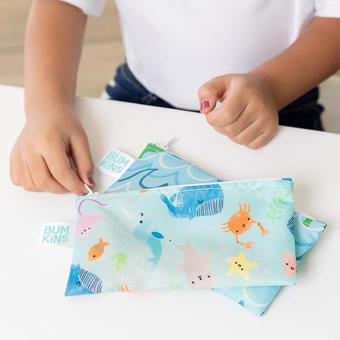 Bumkins Reusable Snack Bags, for Kids School Lunch and for Adults Portion, Washable Fabric, Waterproof Cloth Zip Bag, Supplies Travel Pouch, Food-Safe Storage, 2-pk Blue Ocean Life