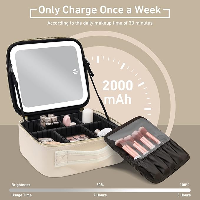 Portable Travel Makeup Bag with Lighted Mirror, 3 Color Brightness, Beige